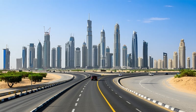 Scenic Dubai skyline with major roads and travel destinations